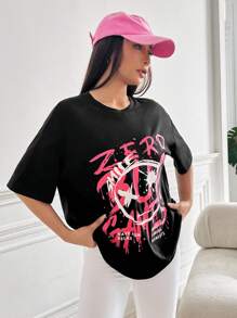 SHEIN Coolane Đồ họa hoạt hình và khẩu hiệu Áo thun Thả vai - màu đen - Xem 5