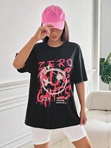 SHEIN Coolane Đồ họa hoạt hình và khẩu hiệu Áo thun Thả vai - màu đen - Xem 7