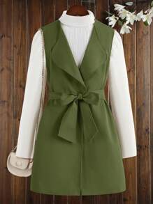 SHEIN Girls 1pc Waterfall Collar Belted Vest Coat - Army Green - View 1