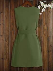 SHEIN Girls 1pc Waterfall Collar Belted Vest Coat - Army Green - View 2