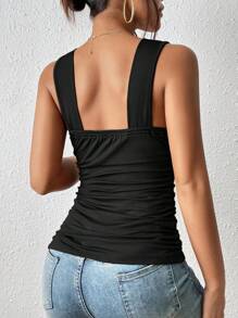 SHEIN Frenchy Solid V Neck Ruched Satin Tank Top Party Black Summer - Black - View 2