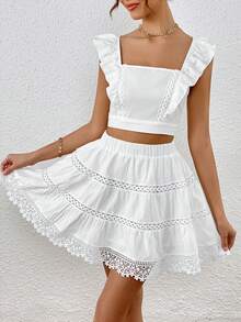 SHEIN VCAY Viền Ruffle Top Cây trồng & Chèn ren Guipure Váy - trắng - Xem 4