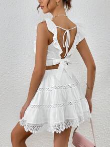 SHEIN VCAY Viền Ruffle Top Cây trồng & Chèn ren Guipure Váy - trắng - Xem 2