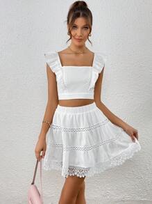 SHEIN VCAY Viền Ruffle Top Cây trồng & Chèn ren Guipure Váy - trắng - Xem 6
