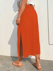 SHEIN Holidaya Plus Solid Split Thigh Skirt - Orange - View 2