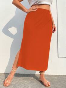 SHEIN Holidaya Plus Solid Split Thigh Skirt - Orange - View 5