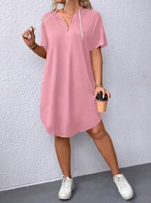 SHEIN LUNE Hơn Dây kéo Dây rút áo có mũ Curved Hem Đầm - Hồng - Xem 1