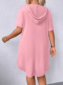 SHEIN LUNE Hơn Dây kéo Dây rút áo có mũ Curved Hem Đầm - Hồng - Xem 2