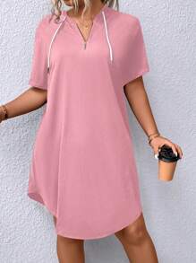 SHEIN LUNE Hơn Dây kéo Dây rút áo có mũ Curved Hem Đầm - Hồng - Xem 3