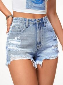 SHEIN ICON 破洞磨損邊牛仔短褲 - 淺色水洗藍 - 查看 4