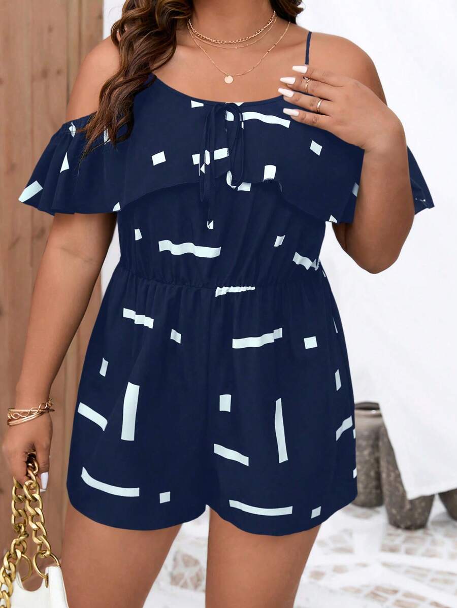 SHEIN LUNE 大碼幾何印花挖肩荷葉邊連身短褲 - 藏蓝色 - 查看 1