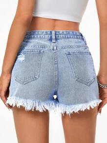 SHEIN ICON 破洞磨損邊牛仔短褲 - 淺色水洗藍 - 查看 2