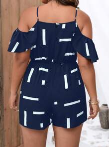 SHEIN LUNE 大碼幾何印花挖肩荷葉邊連身短褲 - 藏蓝色 - 查看 2