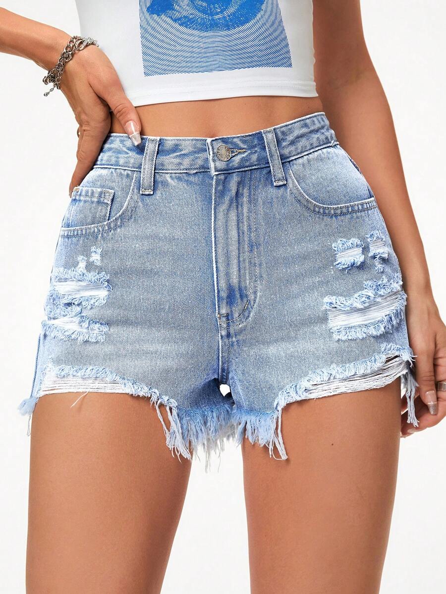 SHEIN ICON 破洞磨損邊牛仔短褲 - 淺色水洗藍 - 查看 1