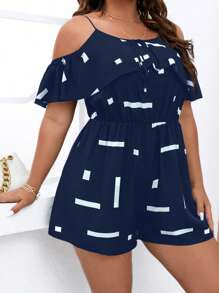 SHEIN LUNE 大碼幾何印花挖肩荷葉邊連身短褲 - 藏蓝色 - 查看 4