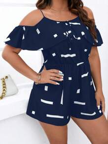 SHEIN LUNE 大碼幾何印花挖肩荷葉邊連身短褲 - 藏蓝色 - 查看 5