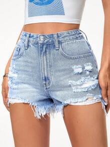 SHEIN ICON 破洞磨損邊牛仔短褲 - 淺色水洗藍 - 查看 6