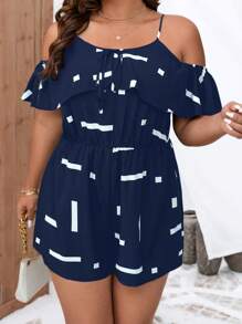 SHEIN LUNE 大碼幾何印花挖肩荷葉邊連身短褲 - 藏蓝色 - 查看 7