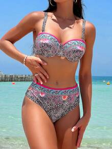 Swim Vcay Leopard & Paisley Print Bikini Set For Summer Beach - Multicolor - View 1