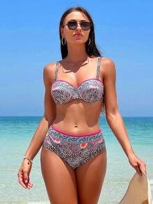 Swim Vcay Leopard & Paisley Print Bikini Set For Summer Beach - Multicolor - View 4