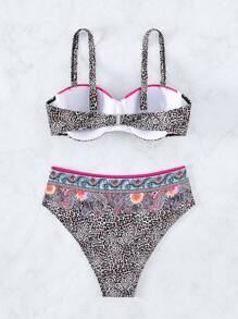 Swim Vcay Leopard & Paisley Print Bikini Set For Summer Beach - Multicolor - View 7