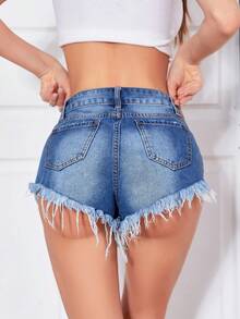 SHEIN Essnce Quần short denim nữ Túi Hem thô Bị tách màu trơn - Rửa tối - Xem 2