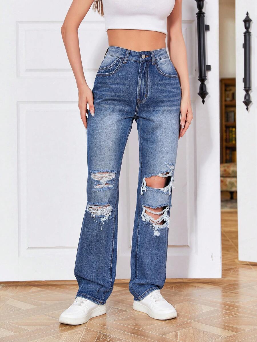 SHEIN EZwear 破洞直筒牛仔褲 - 深色水洗藍 - 查看 1