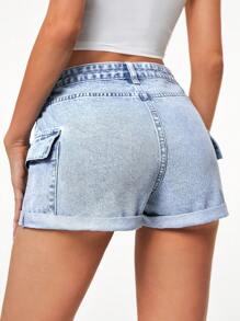 SHEIN Essnce Flap Pocket Roll Up Hem Denim Shorts - Light Wash - View 2