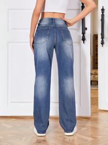 SHEIN EZwear 破洞直筒牛仔褲 - 深色水洗藍 - 查看 2