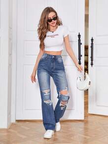 SHEIN EZwear 破洞直筒牛仔褲 - 深色水洗藍 - 查看 4