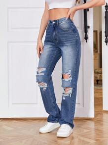 SHEIN EZwear 破洞直筒牛仔褲 - 深色水洗藍 - 查看 3