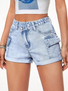 SHEIN Essnce Flap Pocket Roll Up Hem Denim Shorts - Light Wash - View 1