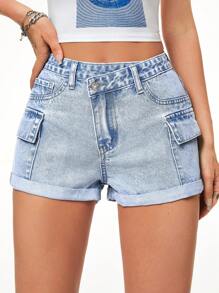 SHEIN Essnce Flap Pocket Roll Up Hem Denim Shorts - Light Wash - View 6