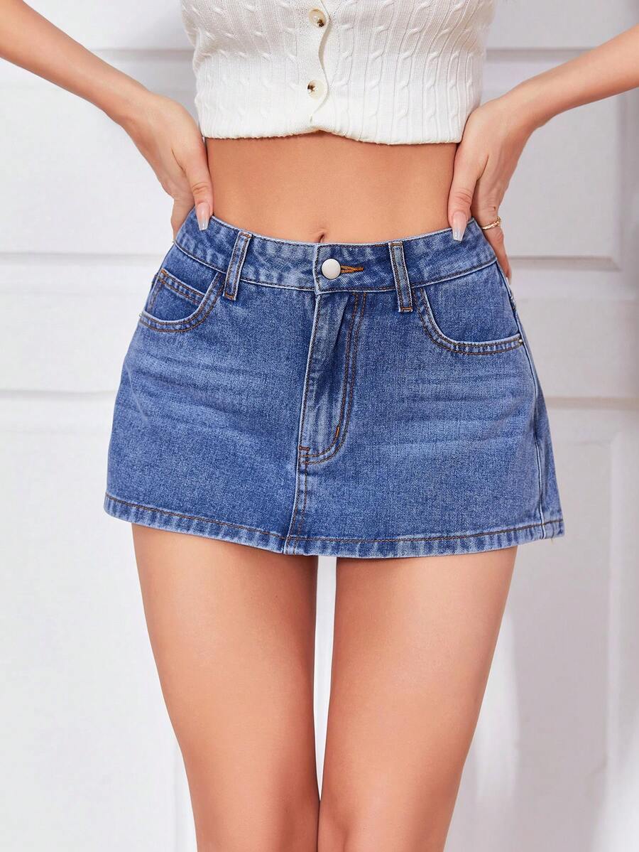 SHEIN Privé 斜口袋牛仔裙褲 - 深色水洗藍 - 查看 1