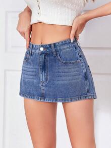 SHEIN Privé 斜口袋牛仔裙褲 - 深色水洗藍 - 查看 6