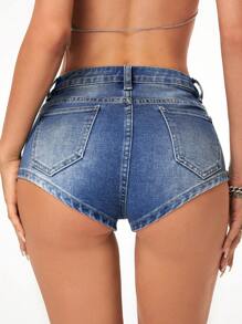 SHEIN ICON Mèo Whisker Quần short Denim - Rửa tối - Xem 3