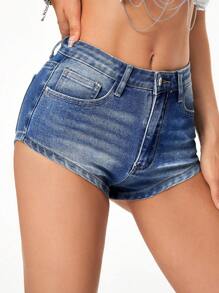 SHEIN ICON Mèo Whisker Quần short Denim - Rửa tối - Xem 7