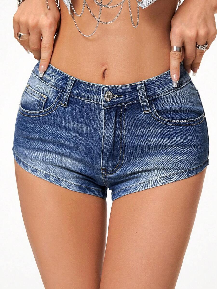 SHEIN ICON Mèo Whisker Quần short Denim - Rửa tối - Xem 1