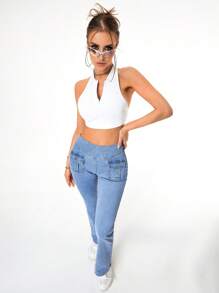 SHEIN EZwear 前口袋牛仔喇叭褲 - 中等水洗藍 - 查看 3