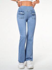 SHEIN EZwear 前口袋牛仔喇叭褲 - 中等水洗藍 - 查看 4