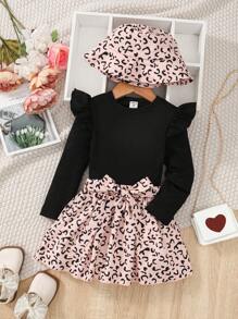 SHEIN ragazza giovane con bordo a volant Maglietta & con stampa grafica fiocco frontale Gonne & Cappello