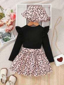 SHEIN ragazza giovane con bordo a volant Maglietta & con stampa grafica fiocco frontale Gonne & Cappello