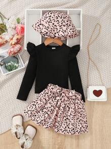 SHEIN ragazza giovane con bordo a volant Maglietta & con stampa grafica fiocco frontale Gonne & Cappello