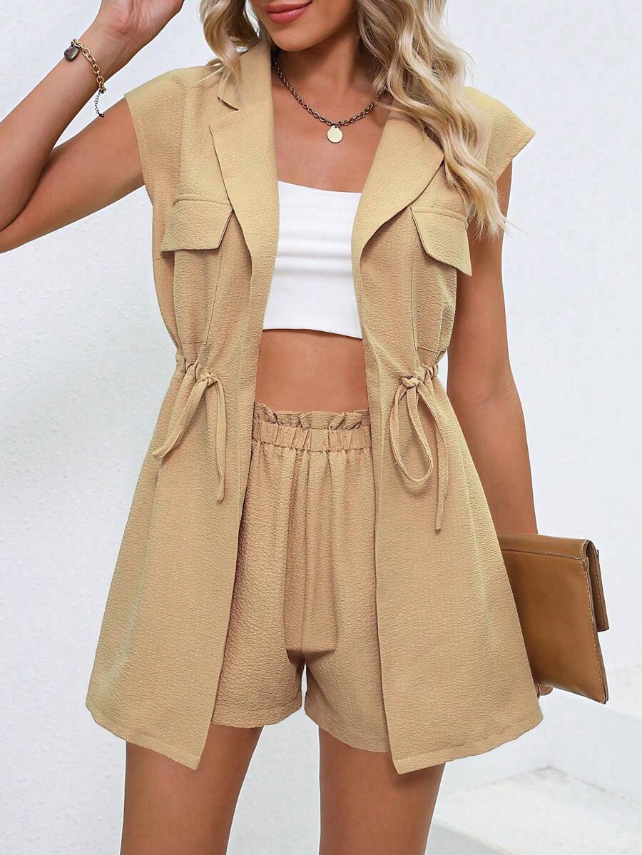 SHEIN LUNE Drawstring Waist Flap Detail Blazer & Paperbag Waist Shorts - Khaki - View 1