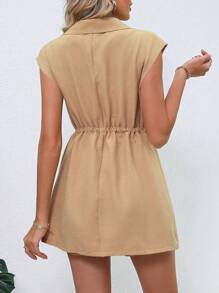 SHEIN LUNE Drawstring Waist Flap Detail Blazer & Paperbag Waist Shorts - Khaki - View 2
