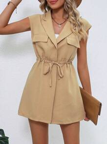 SHEIN LUNE Drawstring Waist Flap Detail Blazer & Paperbag Waist Shorts - Khaki - View 4