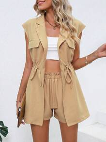 SHEIN LUNE Drawstring Waist Flap Detail Blazer & Paperbag Waist Shorts - Khaki - View 6