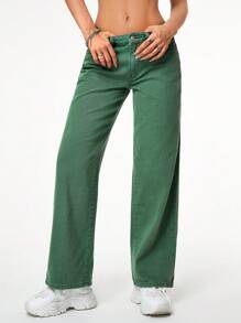 SHEIN ICON Jeans unicolor de pierna ancha - Verde - Ver 2
