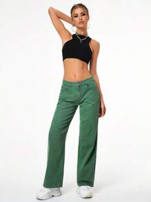 SHEIN ICON Jeans unicolor de pierna ancha - Verde - Ver 1