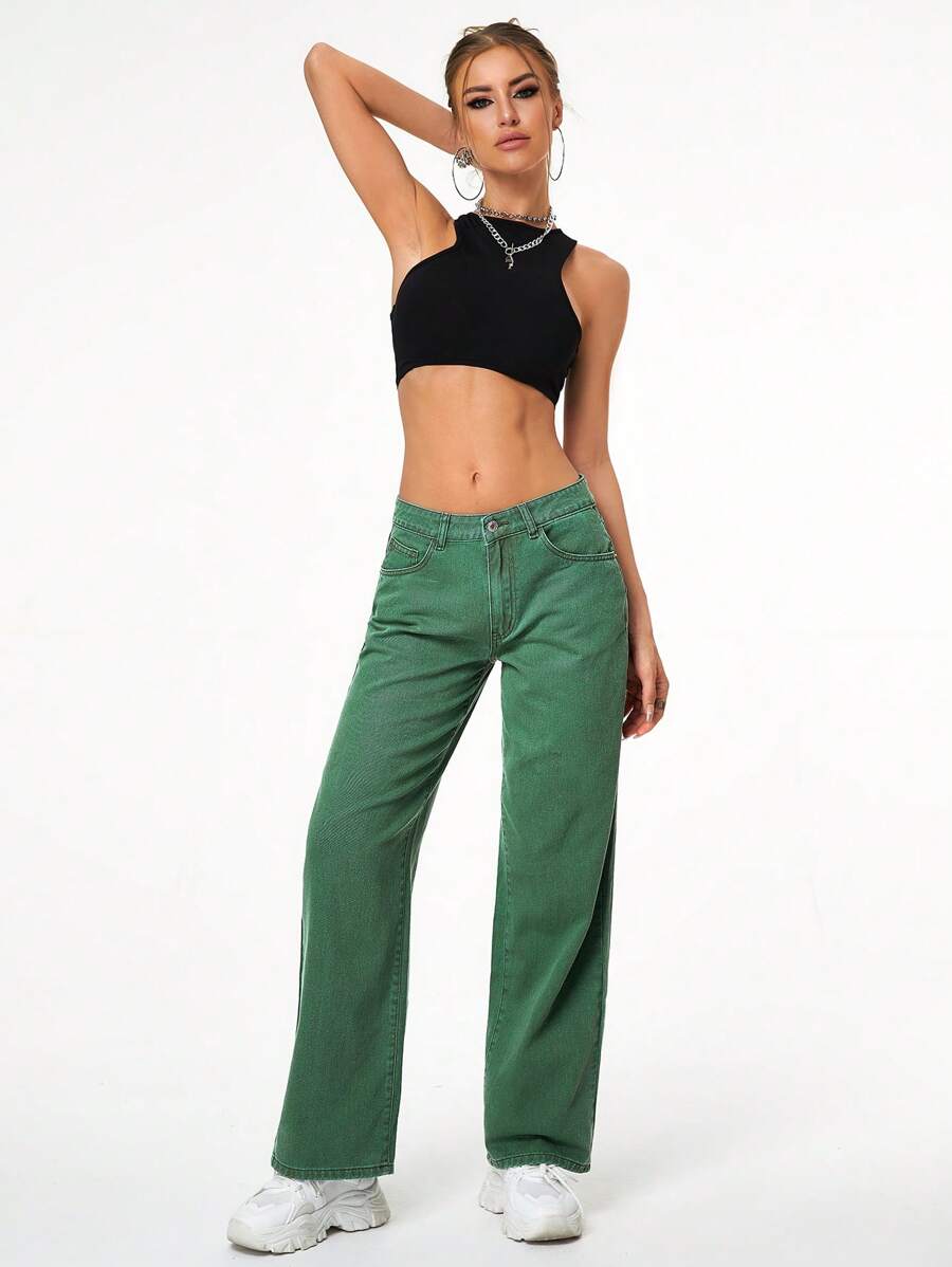 SHEIN ICON Jeans unicolor de pierna ancha - Verde - Ver 1
